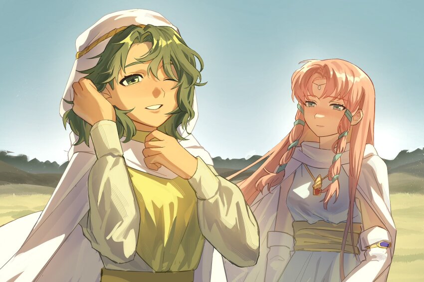 2girls, arm_up, babykatafan, breasts, cape, circlet, dress, fire_emblem