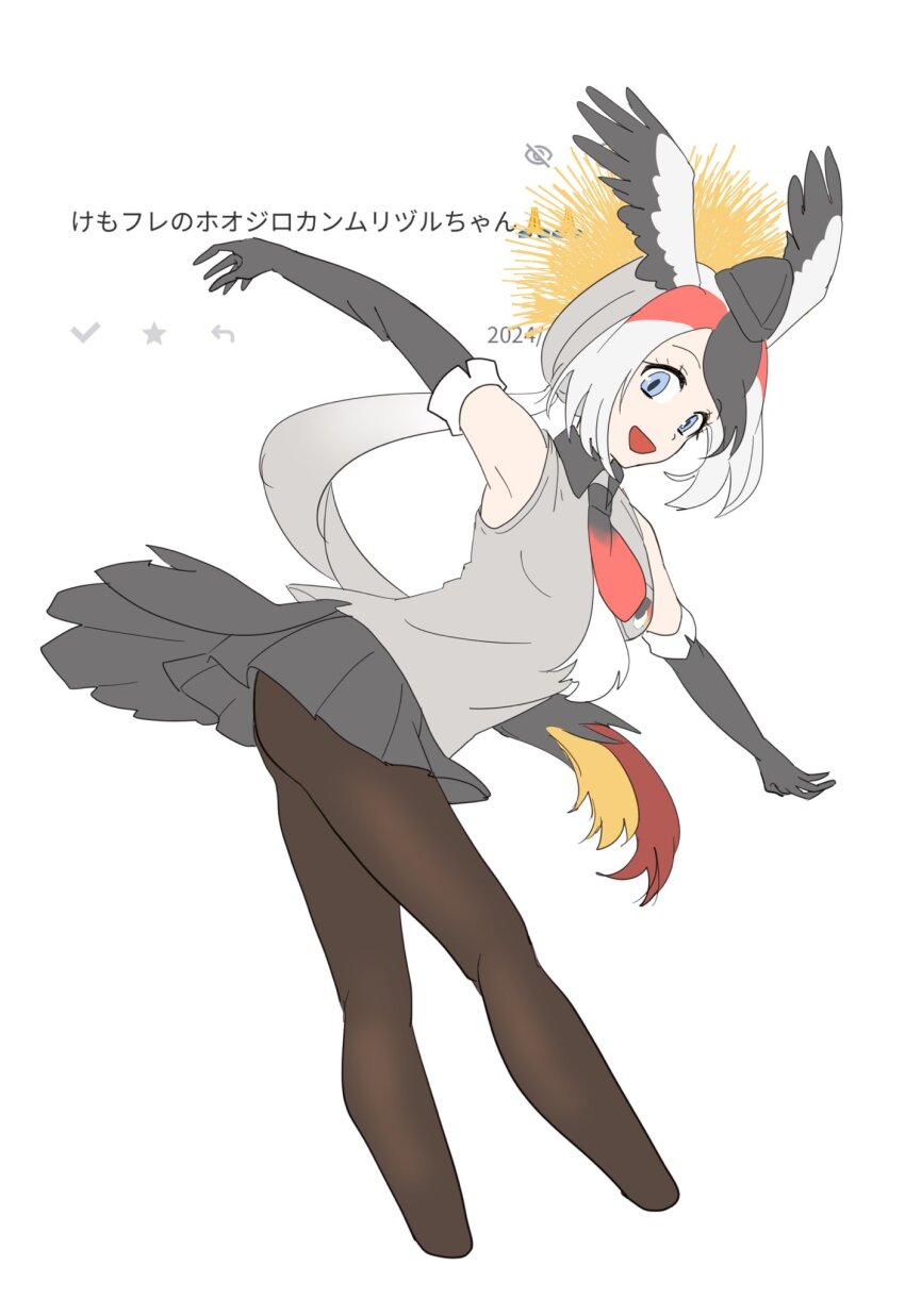 1girl, bare_shoulders, bird_girl, bird_tail, bird_wings, black_pantyhose, blue_eyes, bow