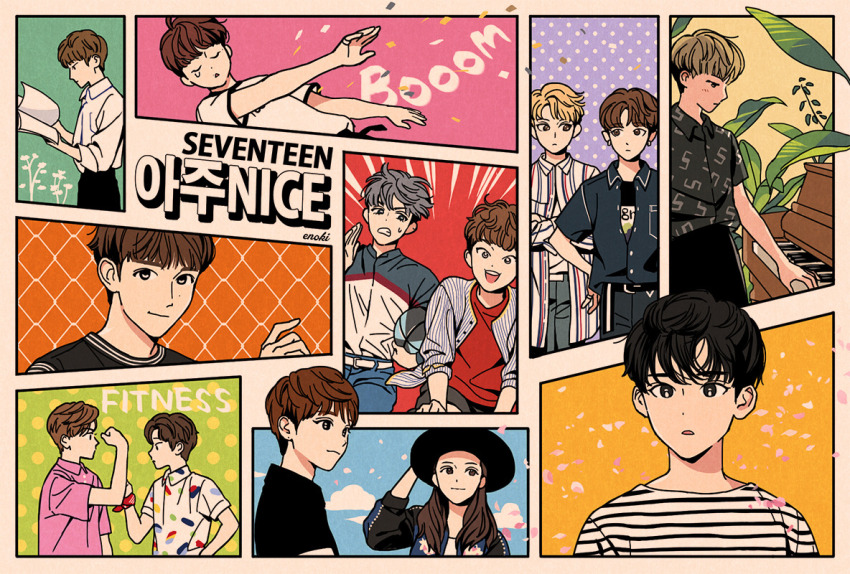 6+boys, black_hat, blonde_hair, brown_hair, closed_eyes, cloud, confetti, dino_(seventeen)