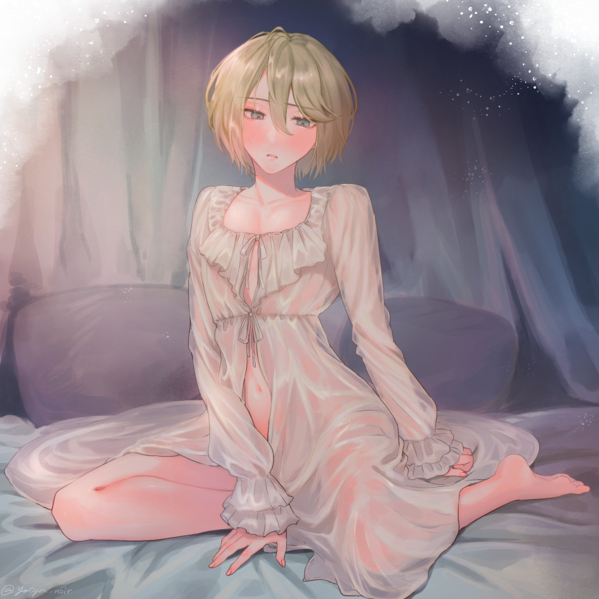 1boy, auch_(unicorn_overlord), barefoot, bed_sheet, blonde_hair, blue_eyes, blush, collarbone, curtains, dress, eyelashes, frilled_nightgown, hair_between_eyes, half-closed_eyes, highres, light_particles, long_sleeves, looking_down, male_focus, navel, nightgown, nude, on_bed, parted_lips, pillow, pink_lips, see-through_clothes, see-through_dress, shiny_skin, short_hair, shy, sitting, solo, trap, unicorn_overlord, yatyou6666
