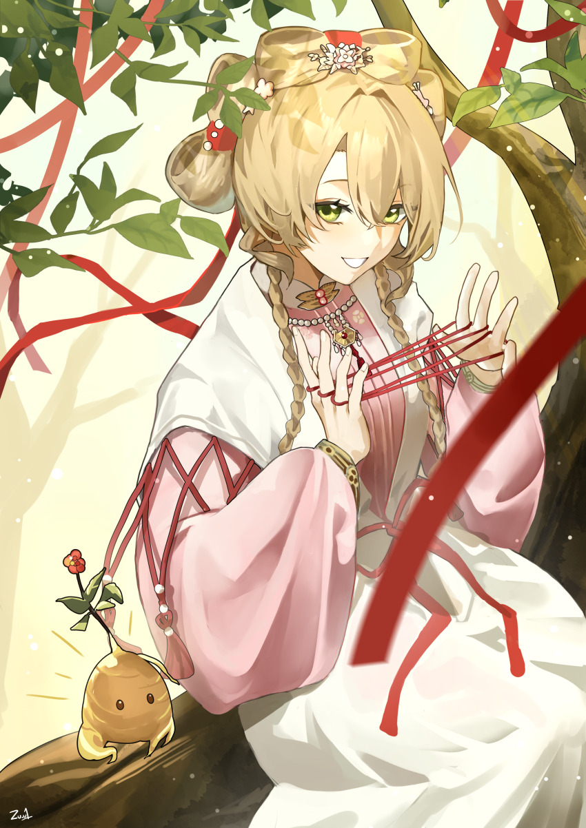 1girl, absurdres, blonde_hair, braid, branch, cat's_cradle, chinese_clothes, feet_out_of_frame