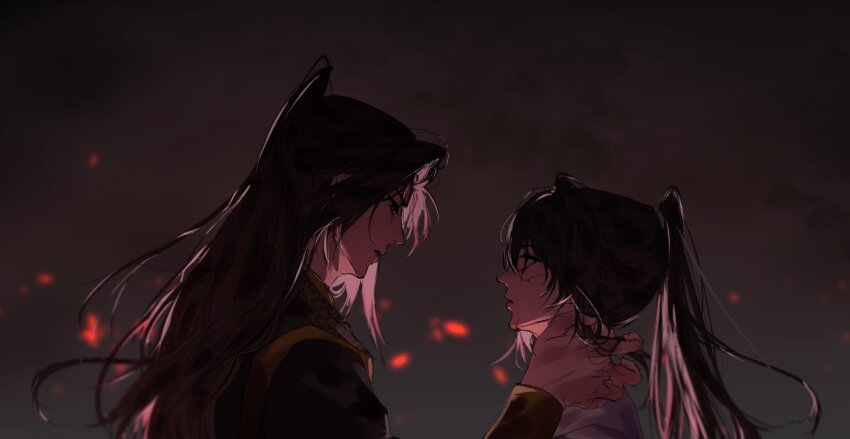 2boys, black_hair, black_hanfu, blood, blood_on_face, blurry, blurry_background, chinese_clothes