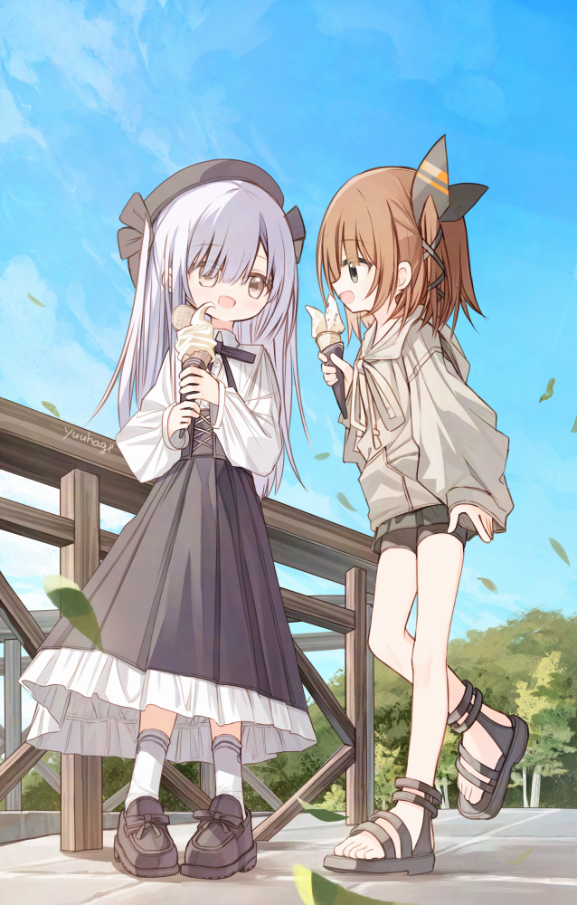 2girls, :d, beret, bike_shorts, black_footwear, black_hat, black_ribbon, black_shorts