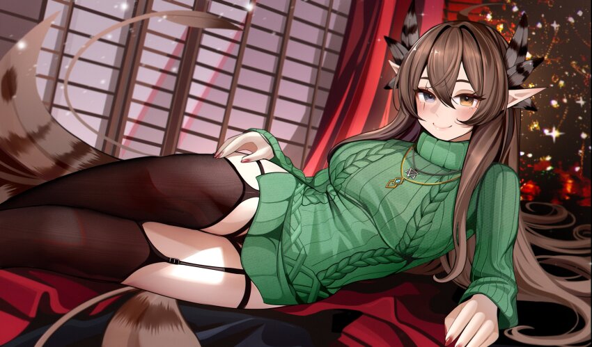 1girl, absurdres, bird_tail, black_eyes, black_thighhighs, breasts, brown_hair, closed_mouth