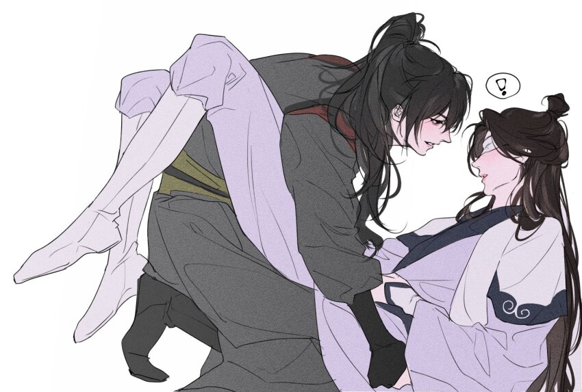 !, 2boys, between_legs, black_eyes, black_footwear, black_gloves, black_hair, blindfold, boots, boy_on_top, brown_hair, chinese_clothes, gloves, grey_hanfu, hair_bun, hand_on_another's_leg, hanfu, high_ponytail, jeongbae22, korean_commentary, long_hair, long_sleeves, looking_at_another, male_focus, modao_zushi, multiple_boys, pants, parted_lips, partially_fingerless_gloves, ponytail, sash, simple_background, smile, spoken_exclamation_mark, white_background, white_hanfu, white_pants, wide_sleeves, xiao_xingchen, xue_yang, yaoi