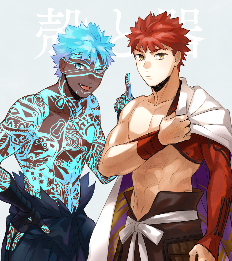 2boys, abs, angra_mainyu_(fate), angra_mainyu_(third_ascension)_(fate), black_gloves, blue_eyes, blue_hair, brown_eyes