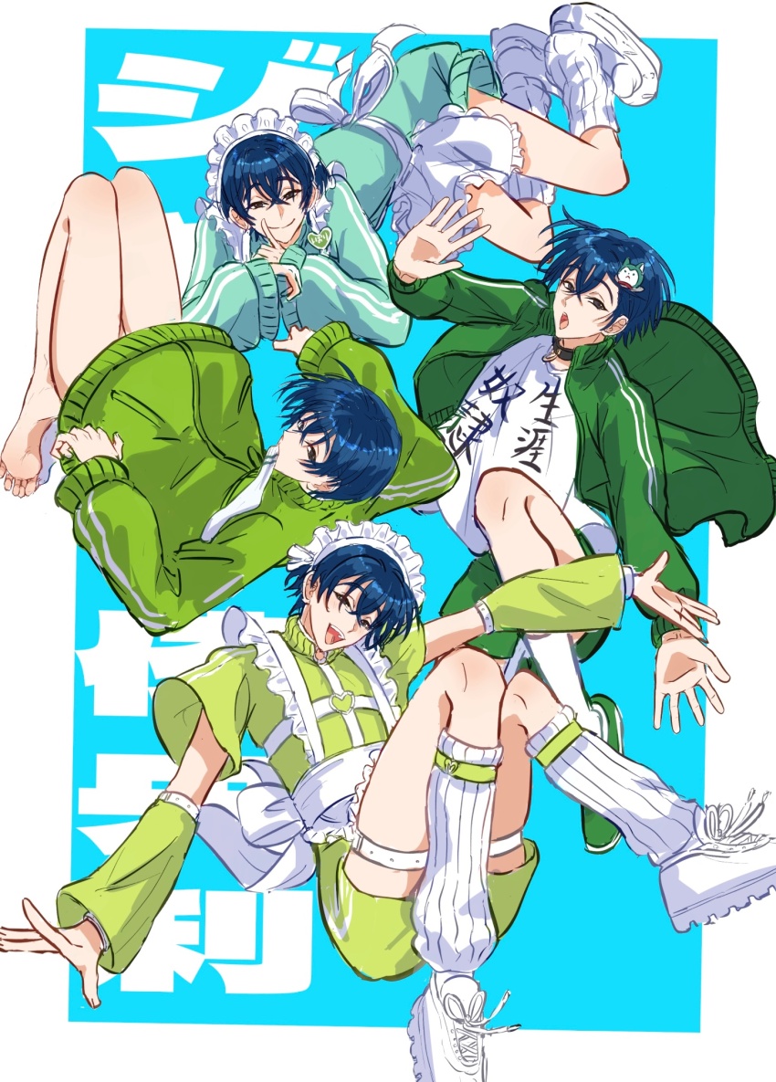 1boy, apron, aqua_background, barefoot, blue_hair, border, bow, charisma_house