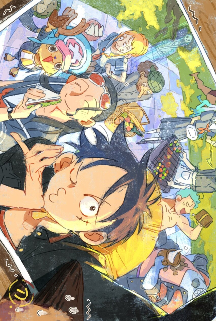 3girls, 6+boys, ^_^, antlers, black_hair, brook_(one_piece), closed_eyes, commentary_request