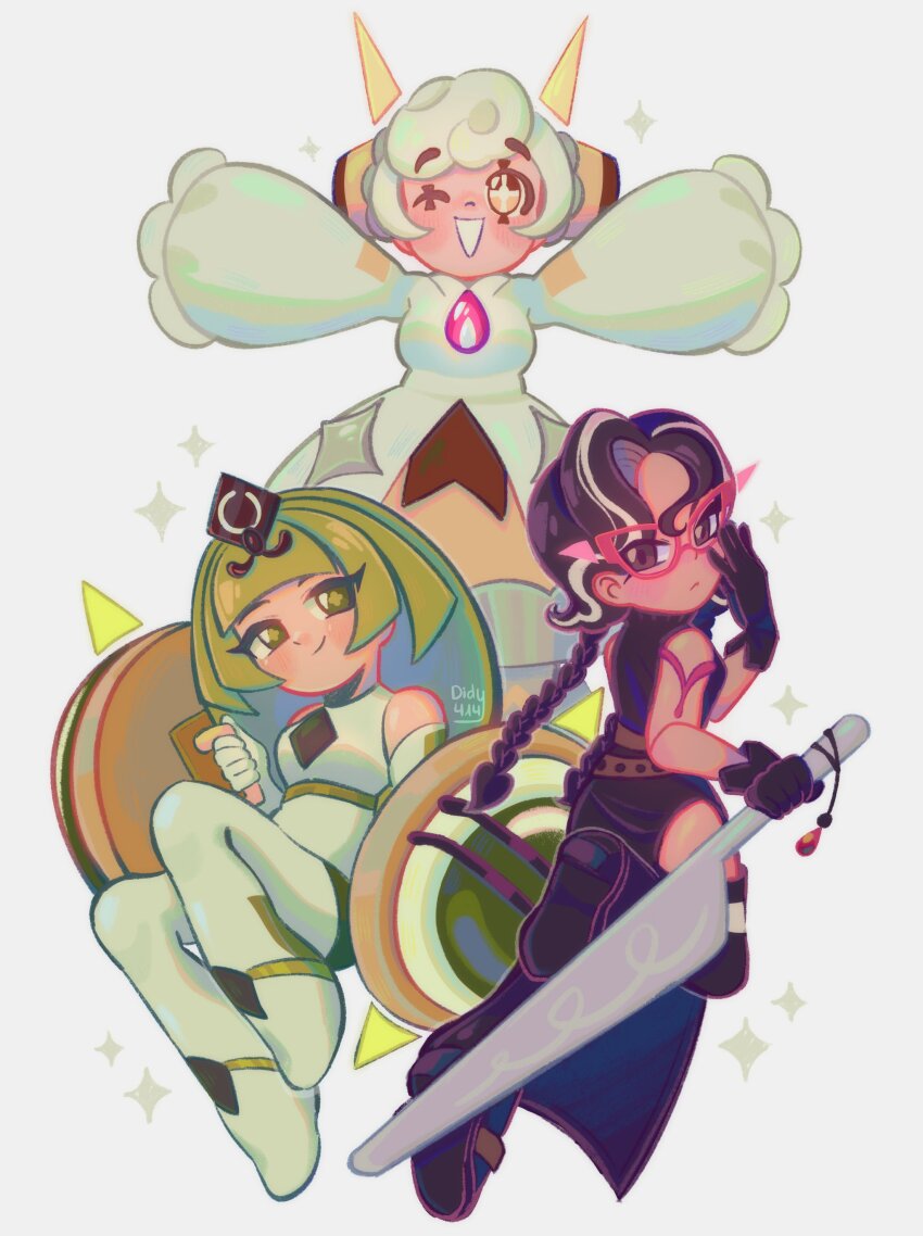 3girls, absurdres, barefoot, bodysuit, brown_hair, choco_drizzle_cookie, cookie_run, cookie_run:_kingdom, didy414, dress, gloves, green_eyes, green_hair, green_tea_mousse_cookie, highres, hime_cut, holding, holding_shield, humanization, long_hair, looking_at_viewer, multiple_girls, pudding_a_la_mode_cookie, shield, shirt, short_hair, simple_background, smile, straight_hair, white_background, white_bodysuit