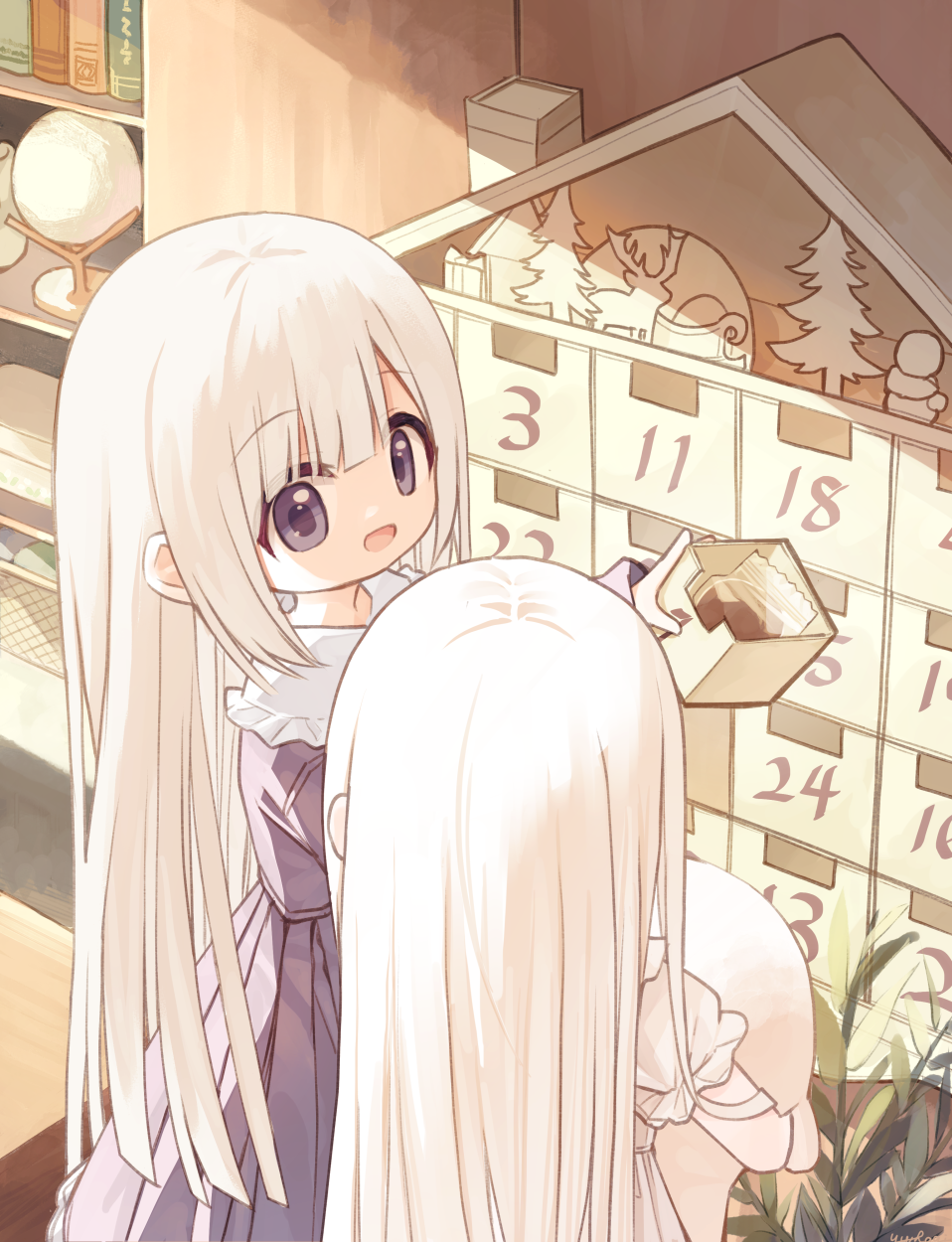 2girls, :d, advent_calendar, bunny_girl_(yuuhagi_(amaretto-no-natsu)), collared_shirt, commentary_request, dress, food