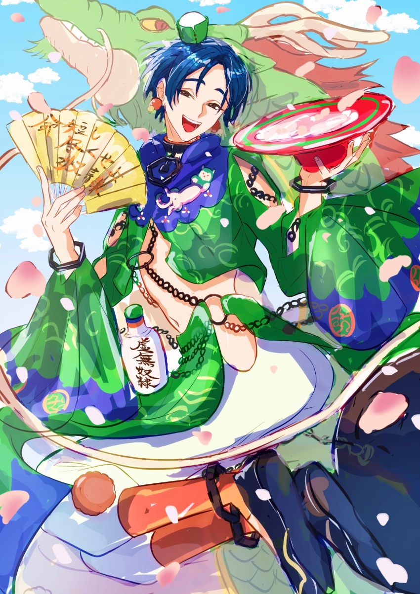 1boy, arm_up, ball_and_chain_restraint, blue_hair, blue_sky, boots, bowl, chain