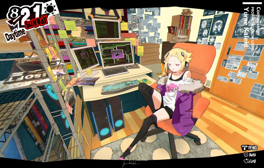1girl, absurdres, bedroom, blonde_hair, bookshelf, capella_emerada_lugnica, carpet, chair, computer, computer_keyboard, computer_mouse, computer_tower, cosplay, crossover, door, feet, fur_trim, gaming_chair, hair_ornament, headphones, highres, jacket, manga_(object), monitor, mulitcoloured_hair, office_chair, orange_hair, persona, persona_5, pink_eyes, re:zero_kara_hajimeru_isekai_seikatsu, room, sakura_futaba, sakura_futaba_(cosplay), shirt, shorts, sticky_note, swivel_chair, thighhighs, tongue, x-ray, yumekaleid