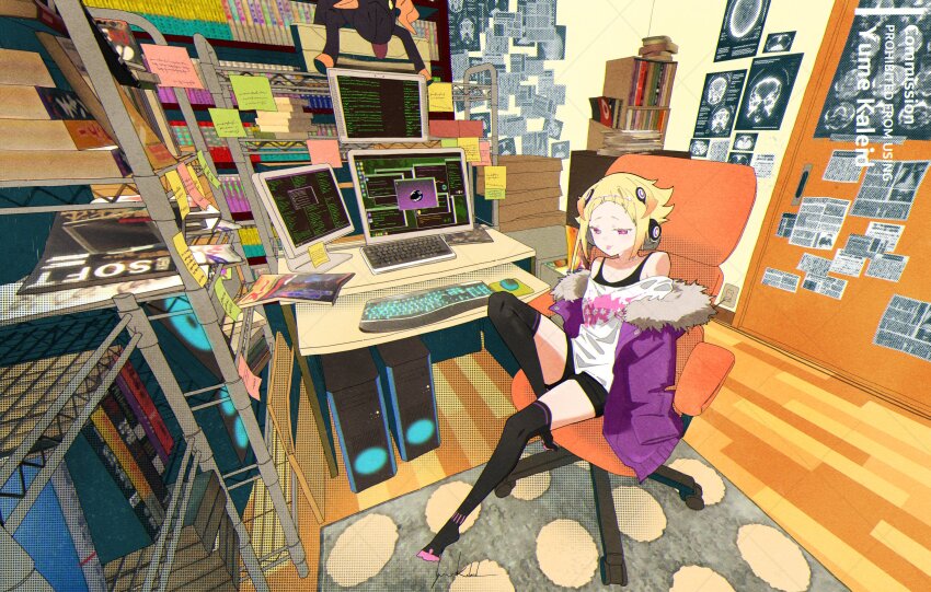 1girl, bedroom, blonde_hair, bookshelf, capella_emerada_lugnica, carpet, chair, computer, computer_keyboard, computer_mouse, computer_tower, cosplay, crossover, door, feet, fur_trim, gaming_chair, hair_ornament, headphones, highres, jacket, manga_(object), monitor, mulitcoloured_hair, office_chair, orange_hair, persona, persona_5, pink_eyes, re:zero_kara_hajimeru_isekai_seikatsu, room, sakura_futaba, sakura_futaba_(cosplay), shirt, shorts, sticky_note, swivel_chair, thighhighs, tongue, variant_set, x-ray, yumekaleid