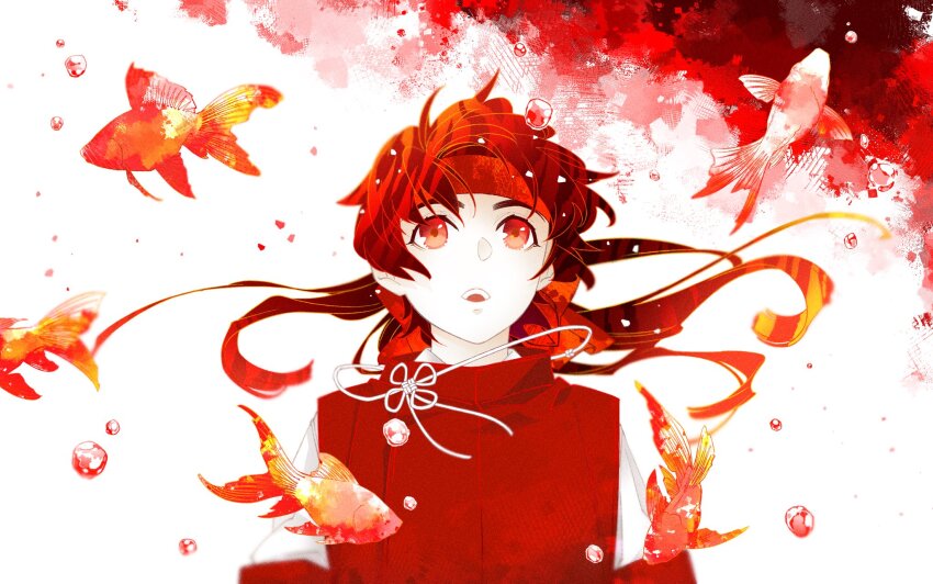 aged_down, fish, floating_hair, headband, highres, long_hair, looking_up, male_focus