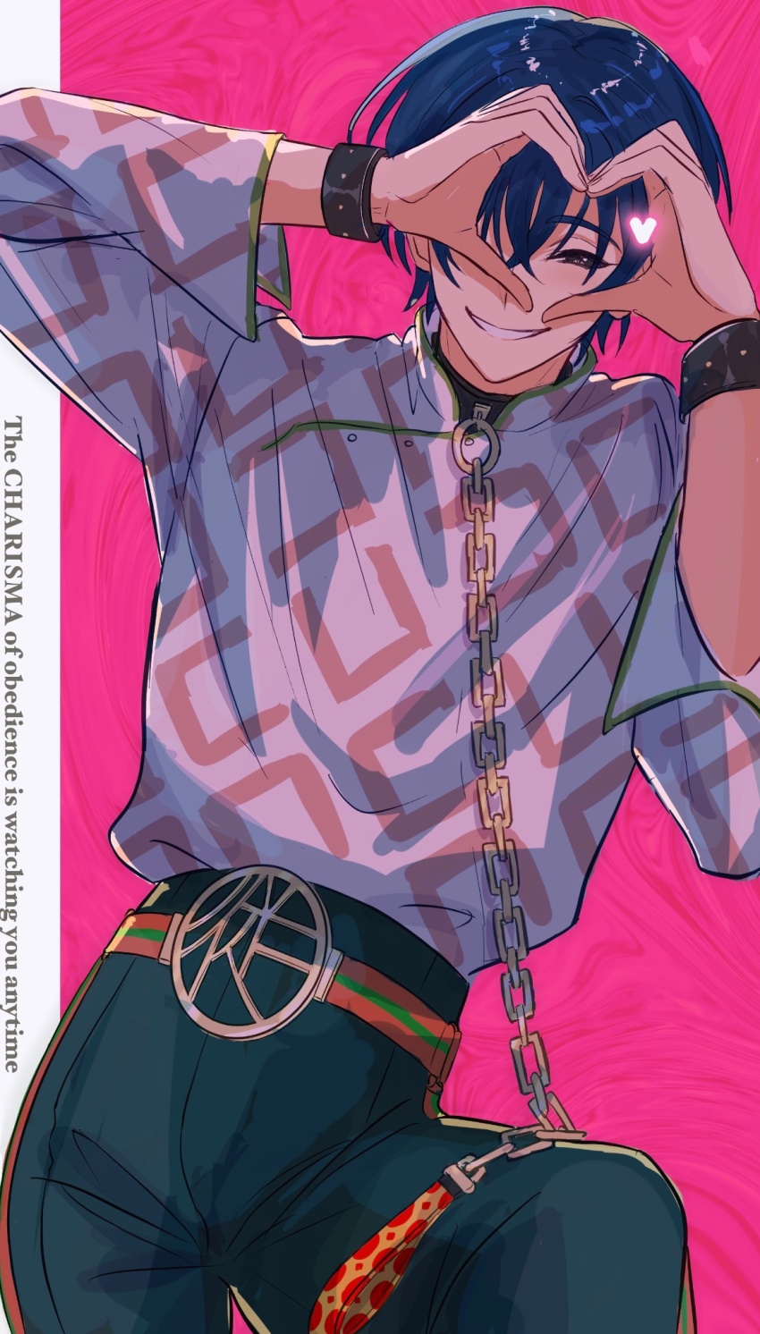 1boy, arms_up, black_eyes, black_pants, blue_hair, bracelet, chain, charisma_house