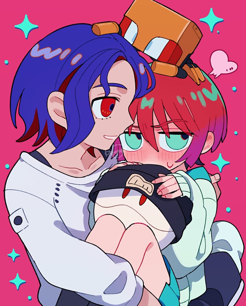 1boy, 1girl, amate_yuzuriha, aqua_eyes, aqua_shirt, aqua_skirt, blue_hair, blush, carrying, gundam, gundam_gquuuuuux, haro, hat, highres, karaage_bentou_(28grtm), long_sleeves, multicolored_hair, open_mouth, princess_carry, purple_hair, red_eyes, red_hair, school_uniform, shirt, short_hair, shuji_ito, skirt, smile, sweatdrop, sweater