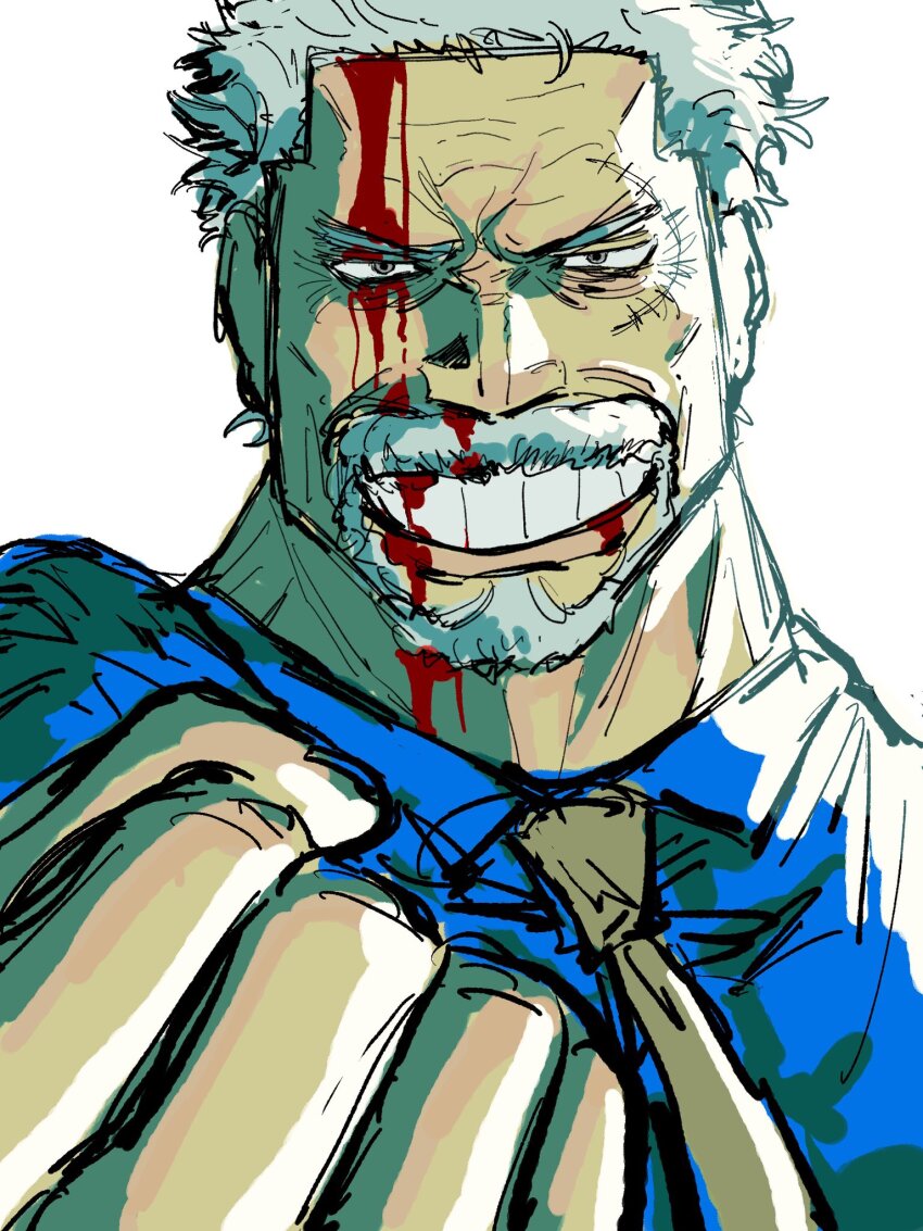 1boy, beard, blood, blood_on_face, blue_shirt, clenched_hand, clenched_teeth, collared_shirt