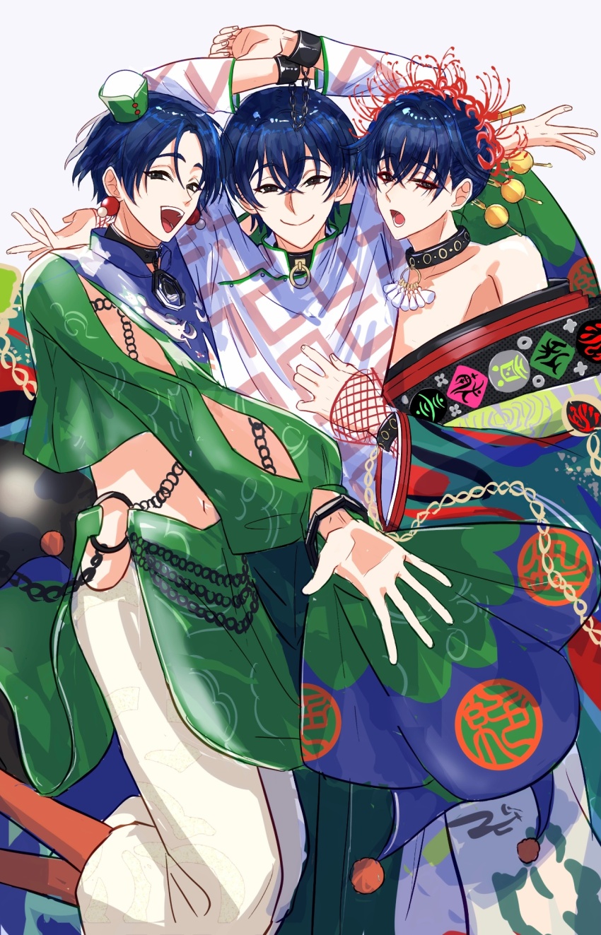 1boy, arm_cutout, arms_behind_head, arms_up, black_collar, black_eyes, blue_hair, chain