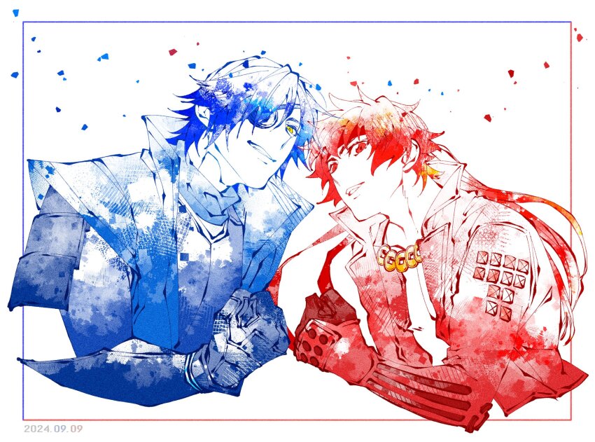 2boys, clenched_hand, cropped_torso, date_masamune_(sengoku_basara), dated, eyepatch, grin, hair_between_eyes