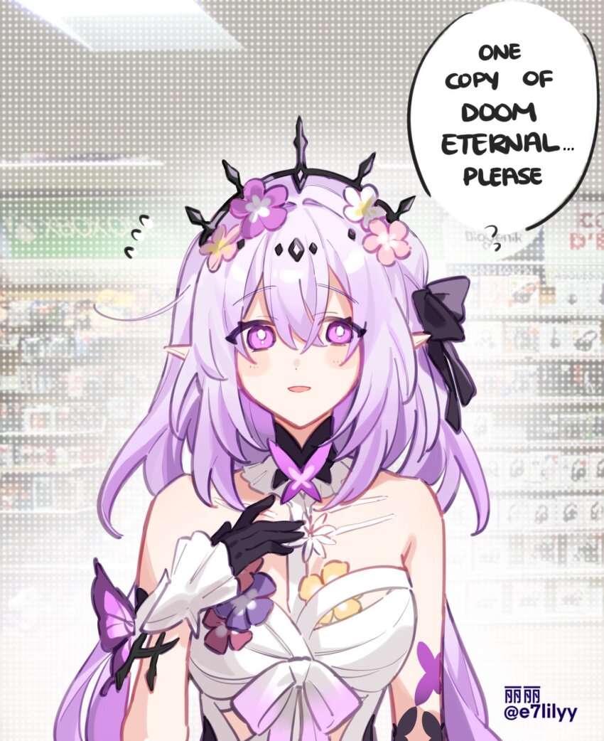 1girl, alkalilyy, bare_shoulders, breasts, castorice_(honkai:_star_rail), commentary, dress, english_commentary