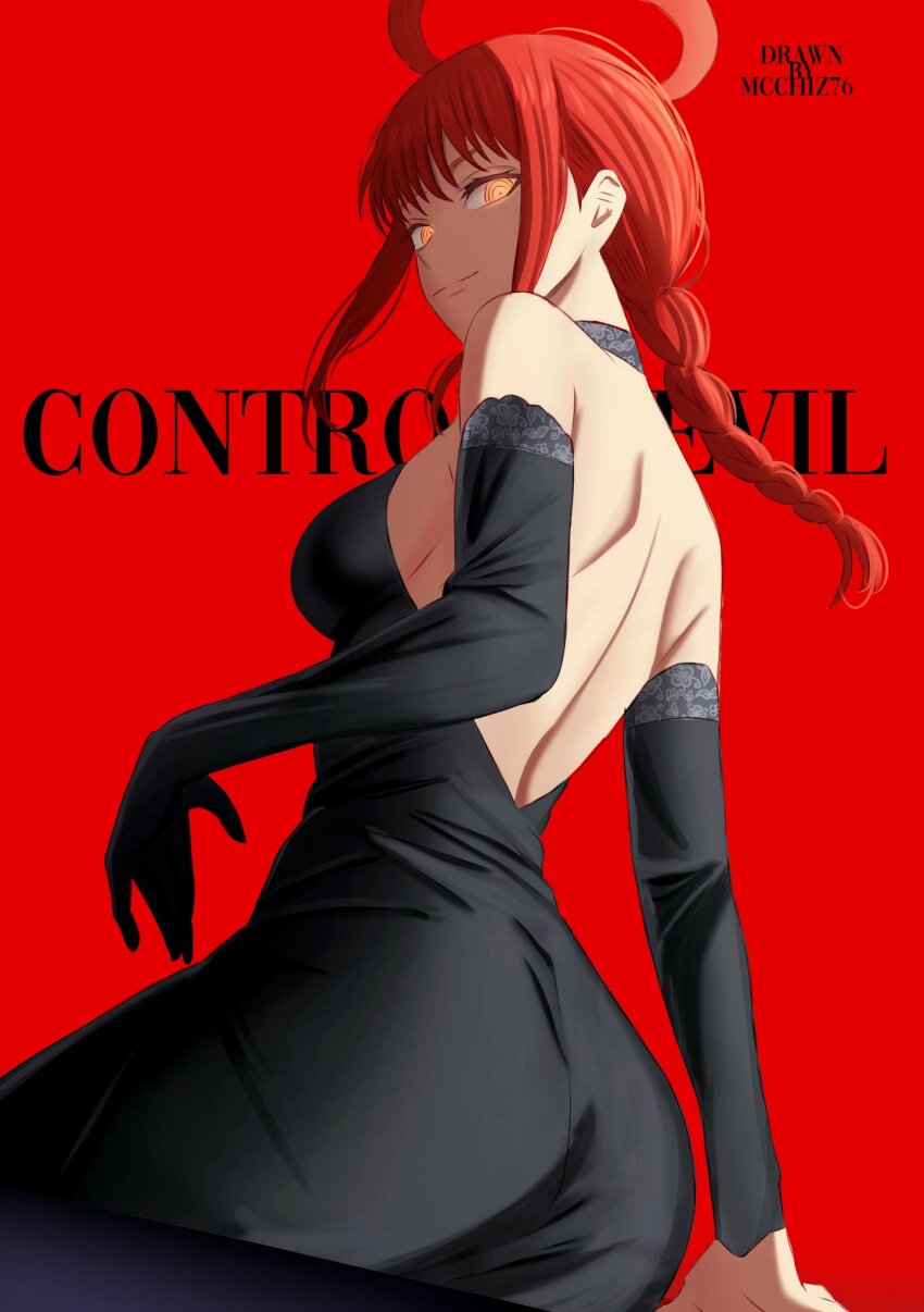 1girl, ass, black_dress, black_gloves, braid, breasts, chainsaw_man, closed_mouth, dress, elbow_gloves, gloves, halo, highres, long_hair, looking_back, makima_(chainsaw_man), mccheese, medium_breasts, red_background, red_hair, red_halo, ringed_eyes, sidelocks, single_braid, solo
