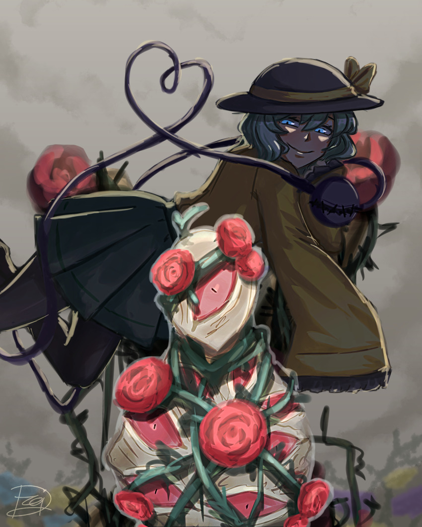 1girl, 1other, absurdres, blue_eyes, bow, dreizakuro, eyeball, flower