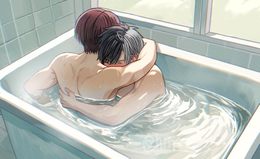 2boys, bath, bathing, bathroom, bathtub, black_hair, blush, closed_eyes, grey_hair, hug, hyohls2_(hamao3o), male_focus, multicolored_hair, multiple_boys, red_hair, sakura_haruka_(wind_breaker), same-sex_bathing, shared_bathing, short_hair, suo_hayato, topless_male, two-tone_hair, wind_breaker_(nii_satoru), window, yaoi