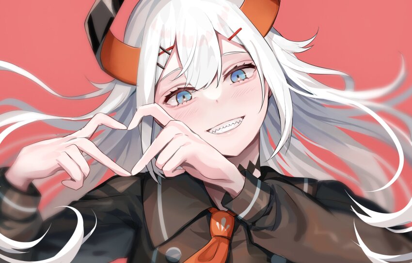 1girl, four-finger_heart_hands, black_horns, blue_eyes, blush, curled_horns, hair_ornament, hairclip, heart, heart_hands, highres, horns, levi_elipha, levi_elipha_(school_uniform), long_hair, long_sleeves, looking_at_viewer, mo_(mornmorm), multicolored_horns, necktie, nijisanji, orange_horns, orange_necktie, red_background, sharp_teeth, solo, teeth, two-tone_horns, virtual_youtuber, white_hair, x_hair_ornament