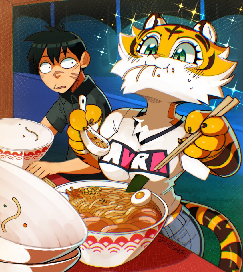 1boy, 1girl, animal_hands, animal_print, aqua_eyes, aura_(drawligator), black_hair, black_shirt