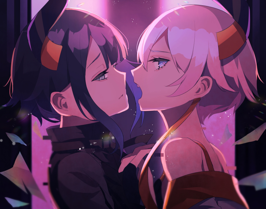 2girls, bare_shoulders, black_hair, black_horns, blue_eyes, fang, from_side, highres