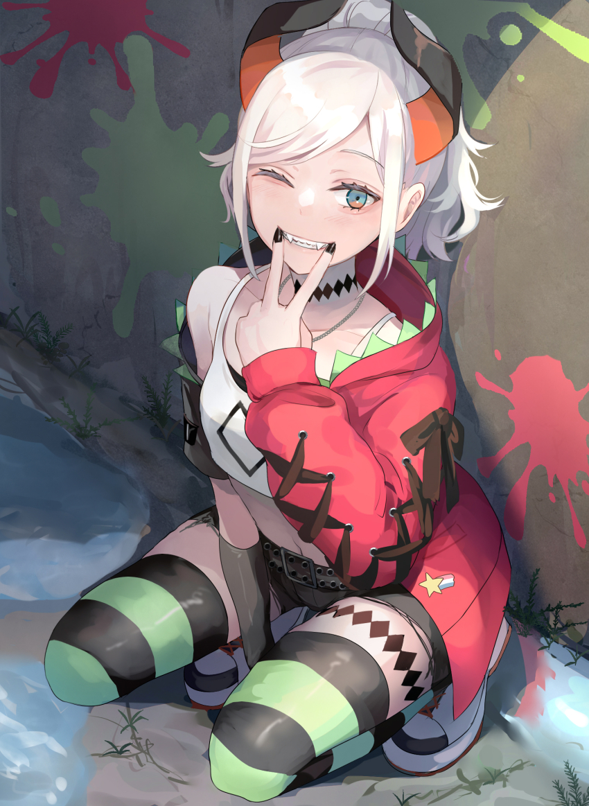 1girl, black_horns, black_nails, black_shorts, blue_eyes, crop_top, curled_horns, fangs, highres, hood, hoodie, horns, levi_elipha, levi_elipha_(4th_costume), looking_at_viewer, mo_(mornmorm), multicolored_horns, nijisanji, one_eye_closed, orange_horns, shoes, shorts, solo, squatting, striped_clothes, striped_thighhighs, teeth, thighhighs, two-tone_horns, virtual_youtuber, white_hair