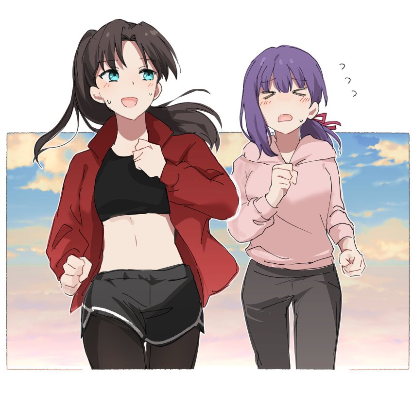 2girls, alternate_costume, alternate_hairstyle, black_hair, black_pants, black_pantyhose, black_shirt, black_shorts, blue_eyes, closed_eyes, commentary_request, fate/stay_night, fate_(series), flying_sweatdrops, hair_ribbon, highres, hood, hood_down, hoodie, jacket, korean_commentary, long_hair, long_sleeves, matou_sakura, midriff, multiple_girls, navel, nekwnek, open_clothes, open_jacket, open_mouth, pants, pantyhose, pink_hoodie, pink_ribbon, ponytail, purple_hair, red_jacket, ribbon, running, shirt, shorts, siblings, sisters, stomach, sweat, tohsaka_rin