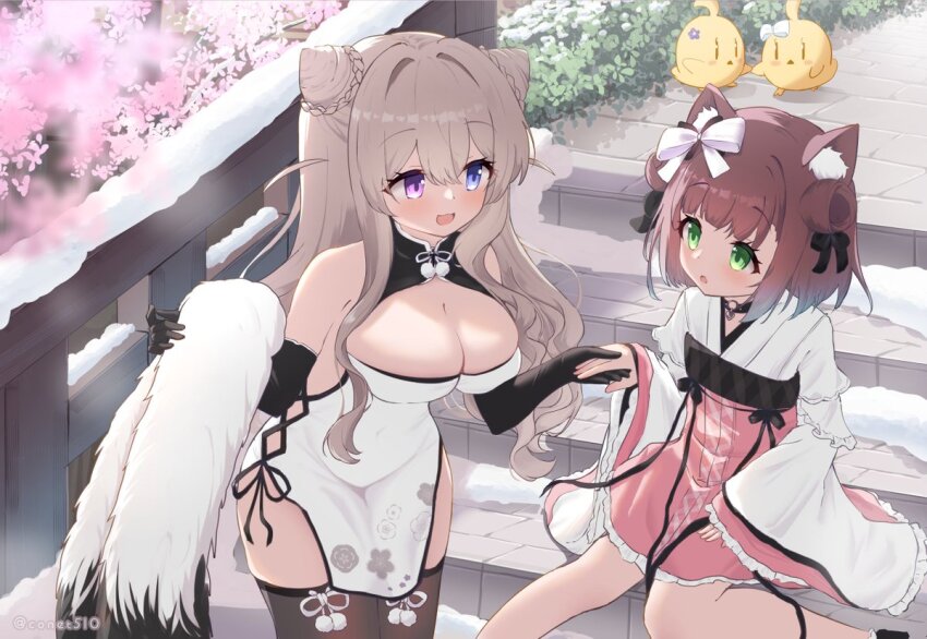 2girls, animal_ear_fluff, animal_ears, architecture, artist_name, azur_lane, baby_animal, bare_shoulders