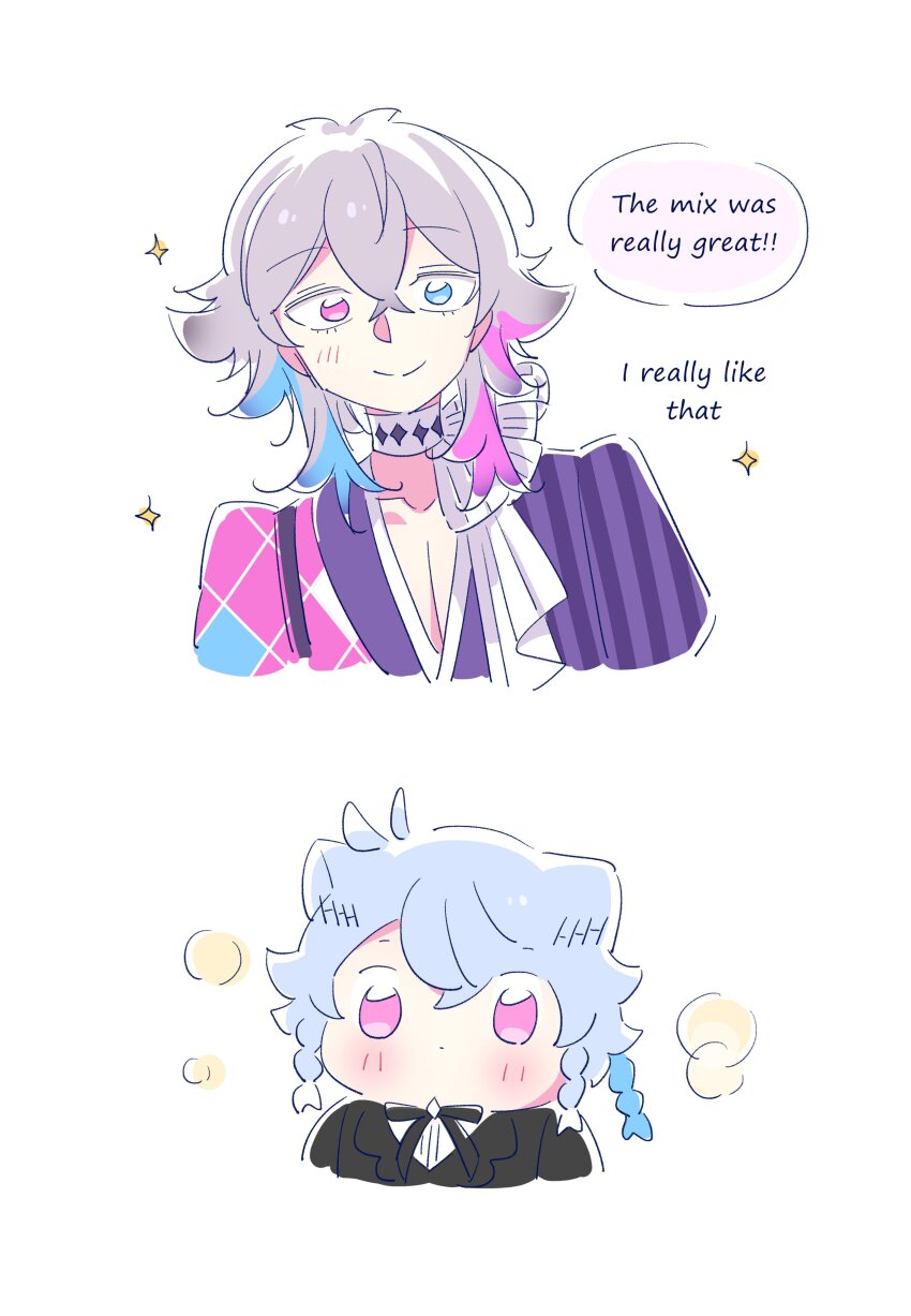 2boys, absurdres, awestruck, bishounen, blue_eyes, blue_hair, blush, chibi