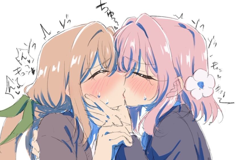 2girls, arm_around_shoulder, black_jacket, blazer, blonde_hair, blush, brown_cardigan, cardigan