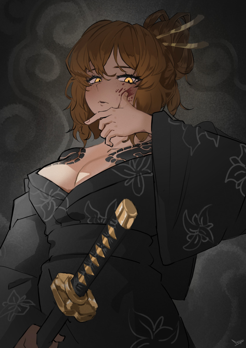 1girl, bare_shoulders, black_bow, black_sash, blood, blood_on_face, bow, breasts, cleavage, collarbone, commentary, cowboy_shot, english_commentary, floral_print, hair_bun, hair_ornament, hair_stick, highres, holding, holding_sword, holding_weapon, ishmael_(project_moon), kurokumo_clan_(identity)_(project_moon), lannfo, large_breasts, limbus_company, looking_at_viewer, orange_hair, parted_lips, project_moon, sash, sayo_(project_moon), sheath, solo, sword, weapon