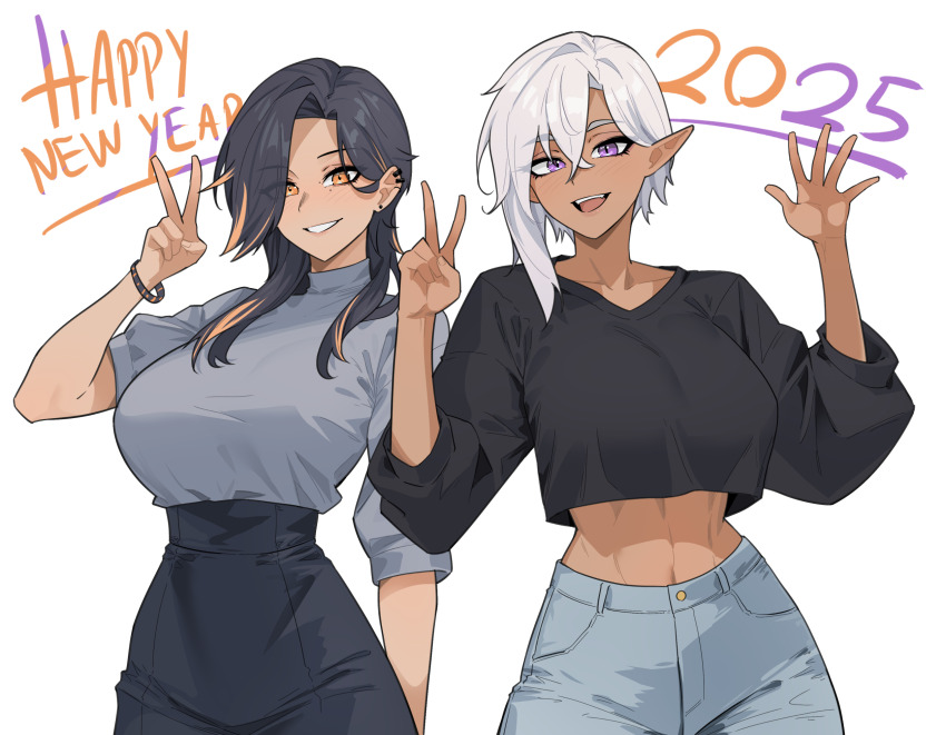 2025, 2girls, abs, asymmetrical_hair, black_shirt, black_skirt, blouse, blue_pants