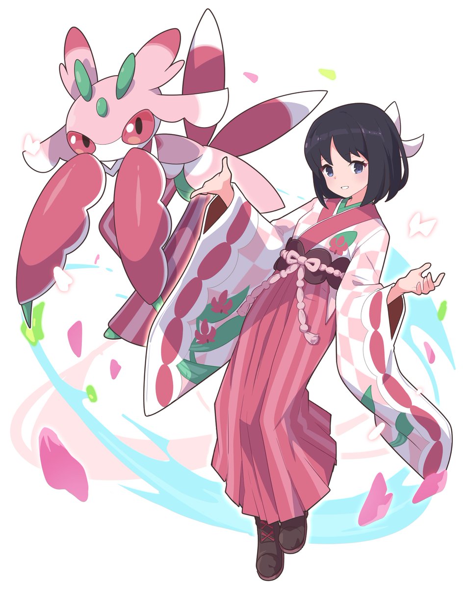 1girl, black_eyes, black_hair, erika_(palentine's_2025)_(pokemon), erika_(pokemon), full_body, gen_7_pokemon, highres