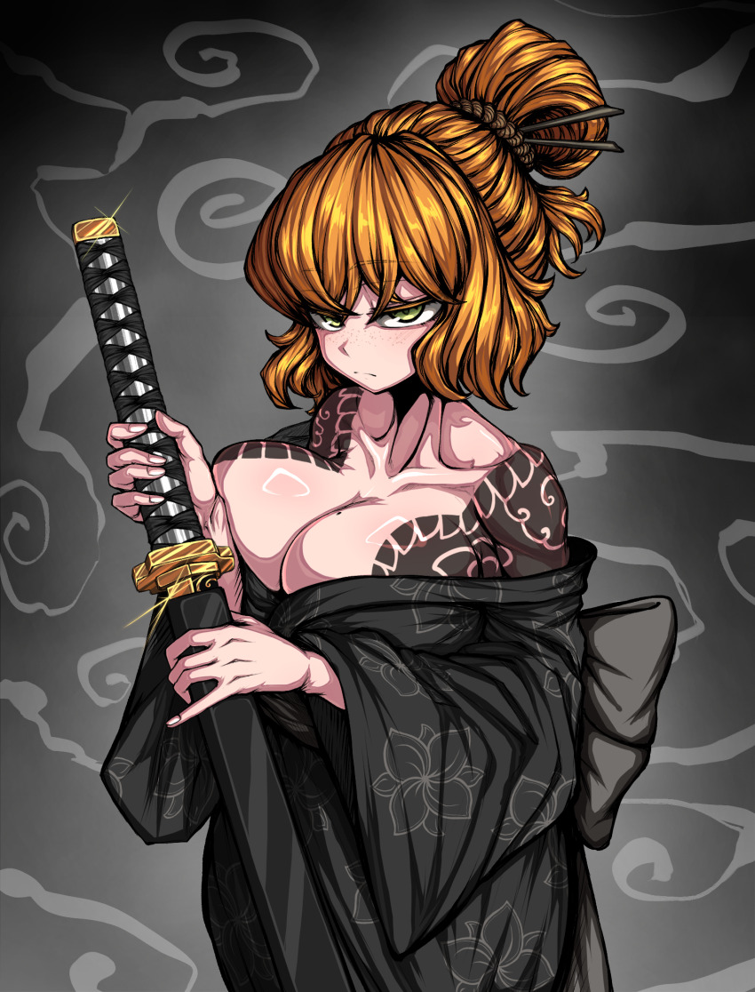 1girl, arm_tattoo, bare_shoulders, beolkkulcheese, black_kimono, breasts, chest_tattoo, closed_mouth