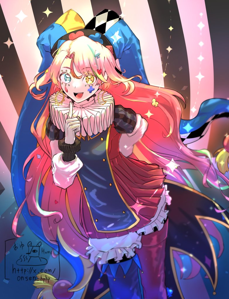 1girl, asymmetrical_footwear, blonde_hair, boots, checkered_clothes, checkered_hat, checkered_pantyhose, club_(shape), diamond_(shape), gloves, hat, jester, jester_cap, jikishirone, long_hair, madan_no_ichi, mismatched_footwear, multicolored_hair, multicolored_hat, neck_ruff, onsen_hphp, pantyhose, pink_hair, puffy_sleeves, red_footwear, spade_(shape), streaked_hair, striped_clothes, striped_headwear, striped_pantyhose, vertical-striped_clothes, vertical-striped_headwear