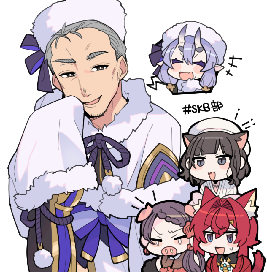 1boy, 4girls, :3, :d, ange_katrina, ange_katrina_(1st_costume), animal_ears, beret