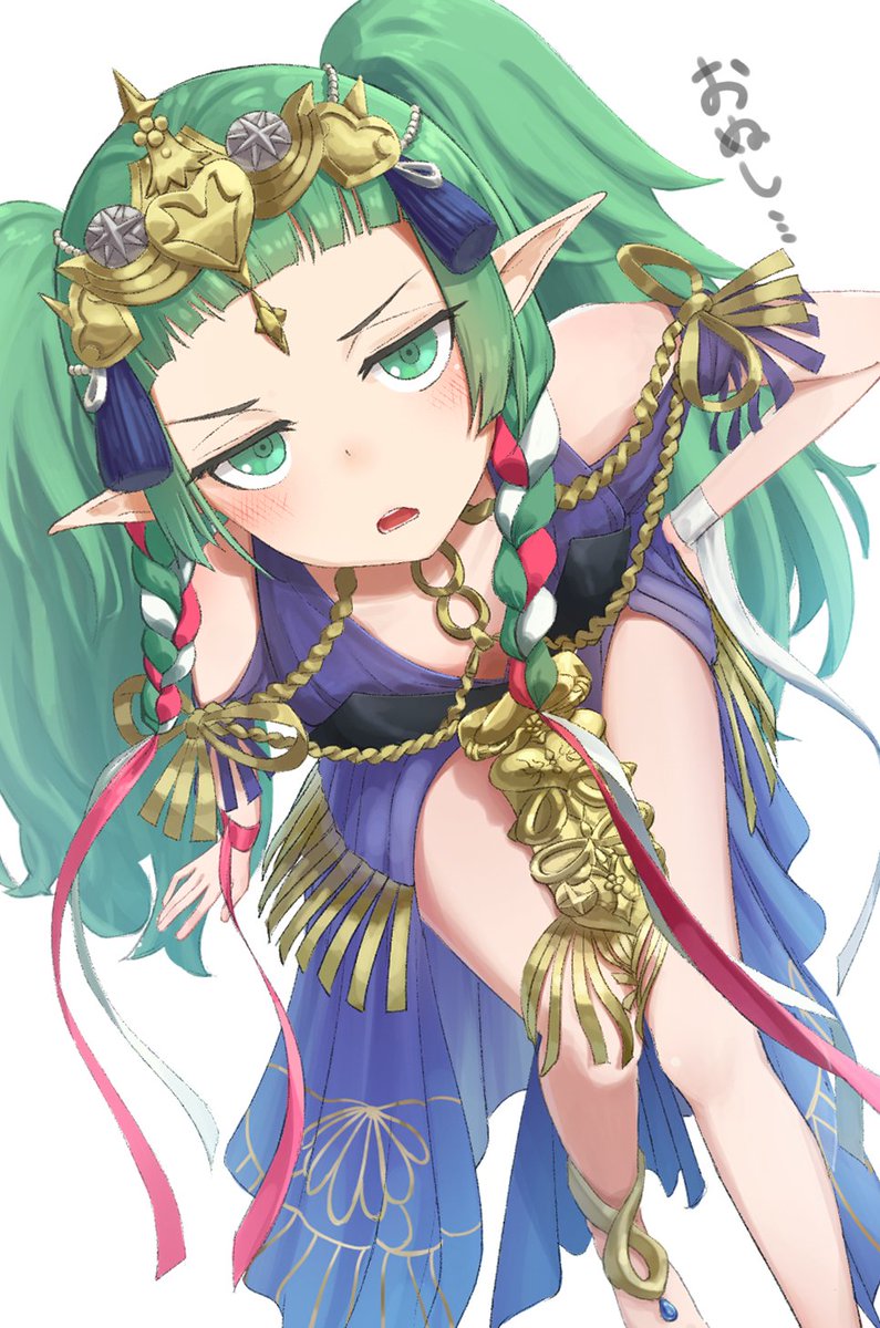 1girl, bare_shoulders, blunt_bangs, dokon, dress, fire_emblem, fire_emblem:_three_houses, green_eyes, green_hair, hand_on_own_hip, highres, looking_at_viewer, looking_up, nintendo, open_mouth, pointy_ears, purple_dress, red_ribbon, ribbon, solo, sothis_(fire_emblem), teeth, white_background