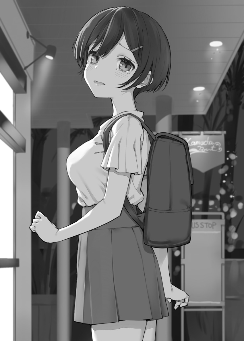 1girl, absurdres, asuhain_ran, backpack, bag, breasts, commentary_request, cowboy_shot