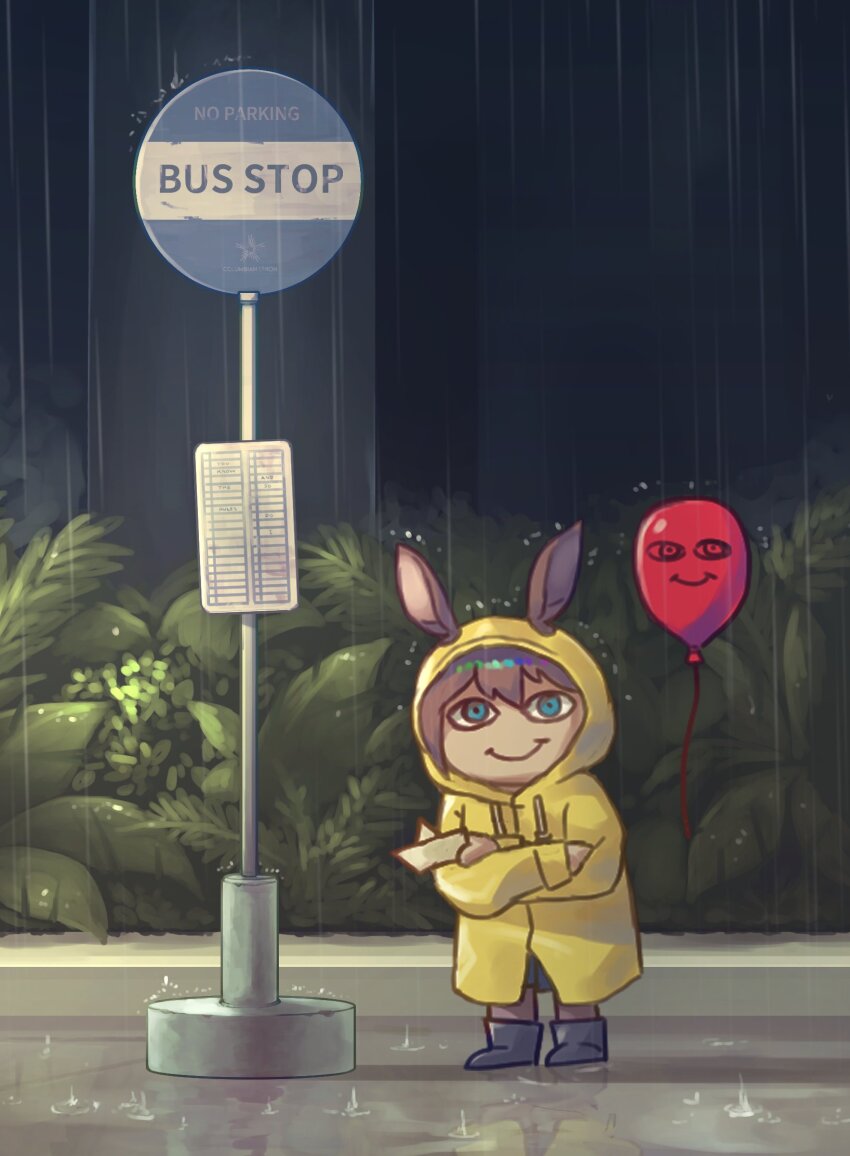 amiya_(arknights), animal_ears, arknights, balloon, blue_eyes, brown_hair, bus_stop, bush