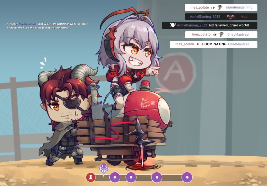 1boy, 1girl, absurdres, antenna_hair, arknights, brown_hair, cart, chibi