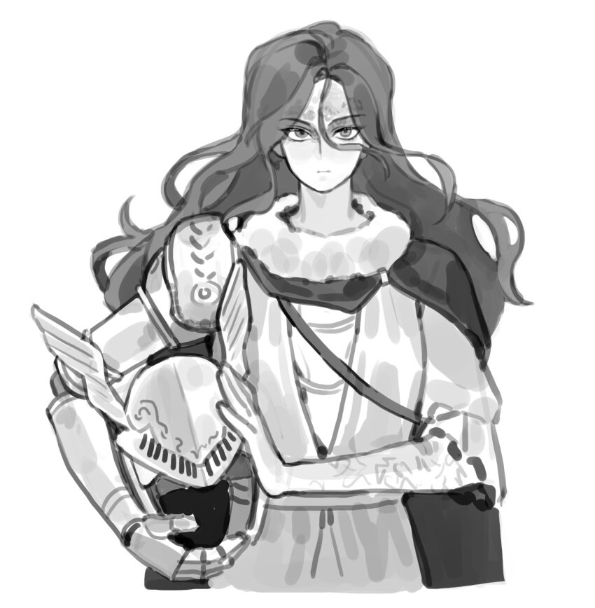 1girl, cape, dress, elden_ring, greyscale, helmet, highres, holding