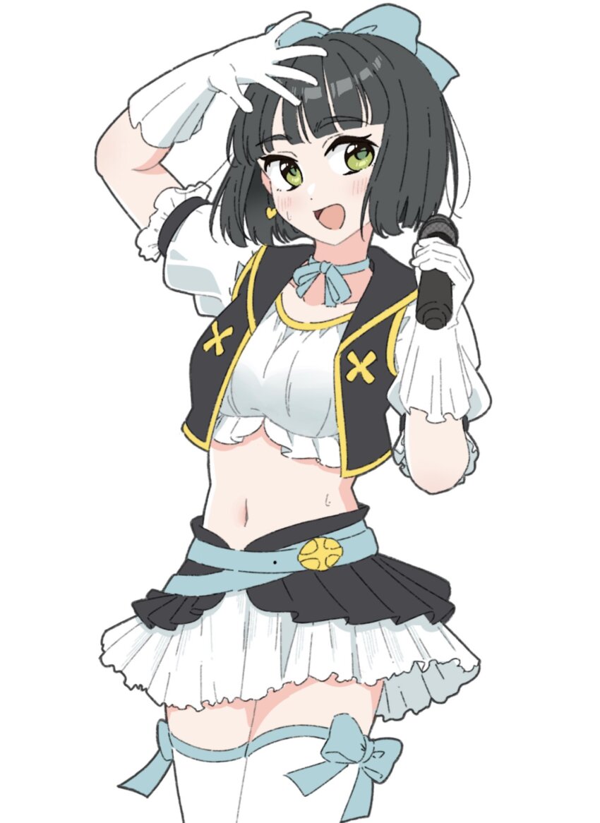 1girl, :d, black_hair, black_vest, blue_bow, blue_choker, blue_ribbon, blunt_bangs