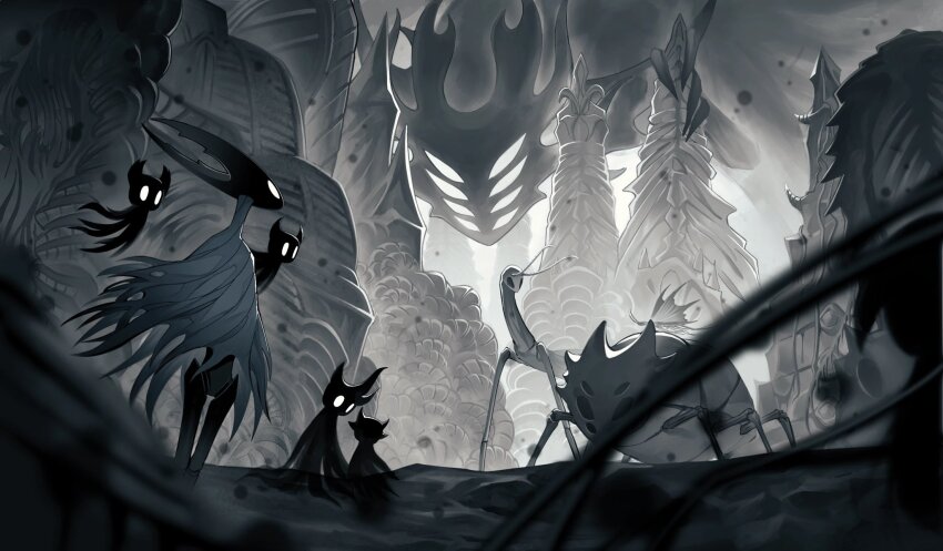 6+others, broken_vessel_(hollow_knight), bug, darkness, extra_eyes, frostedmirror, glowing, glowing_eyes, greenpath_vessel_(hollow_knight), highres, hollow_eyes, hollow_knight, hollow_knight_(character), knight_(hollow_knight), monster, multiple_others, no_humans, shade_(hollow_knight), void_entity_(hollow_knight)