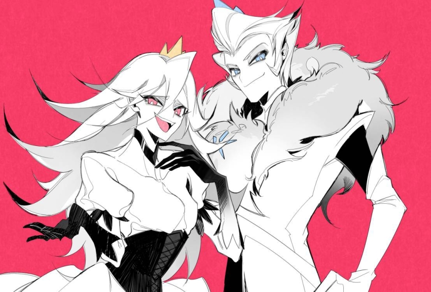 1boy, 1girl, andrealphus_(helluva_boss), blue_eyes, brother_and_sister, demon_boy, demon_girl, dress