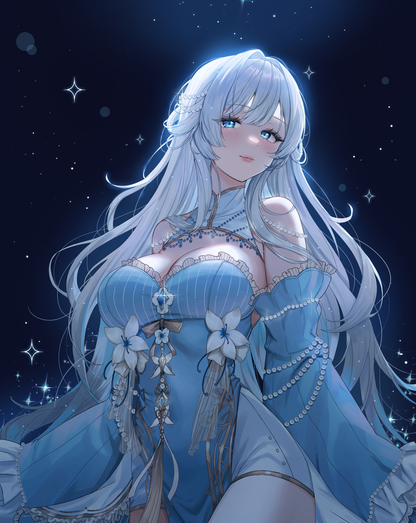 1girl, bare_shoulders, blue_dress, blue_eyes, blue_gem, blue_sleeves, blush, breasts